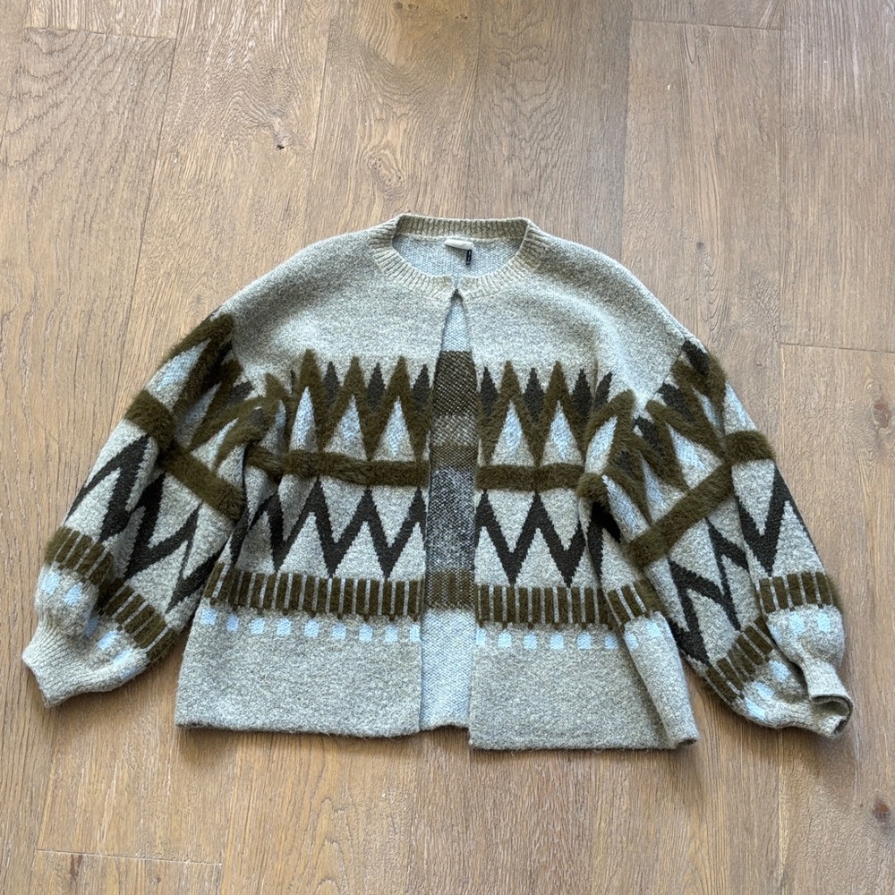 Akemi + Kin x Anthropologie Geometric Patter Cardigan in Gray and Greens